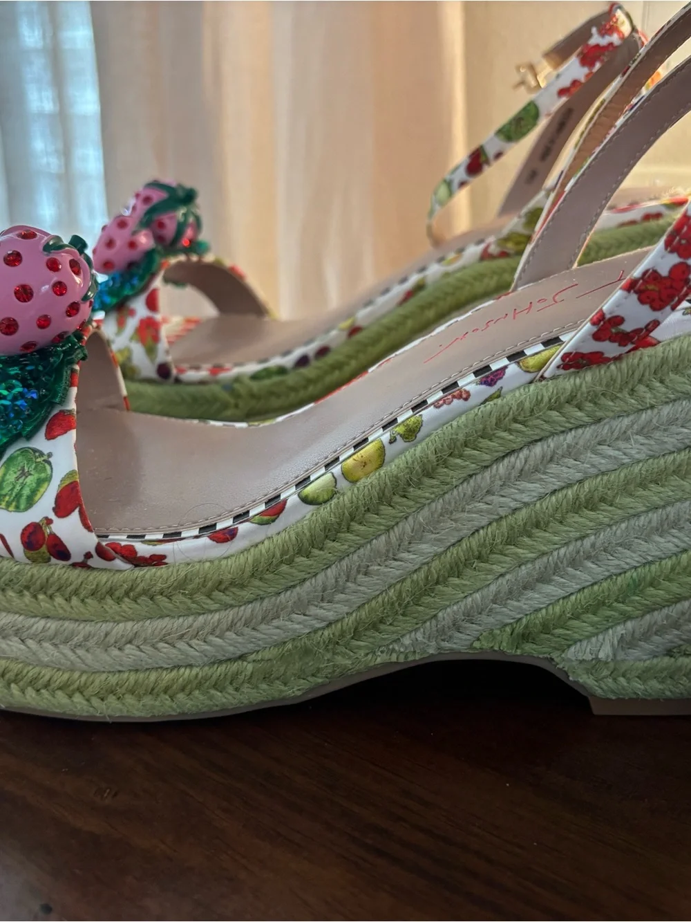 New Betsey Johnson White Espadrille Wedges with Pink Strawberry Appliqués